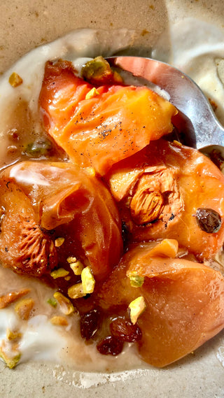 Slow Cooked Spiced Peaches Over Yogurt